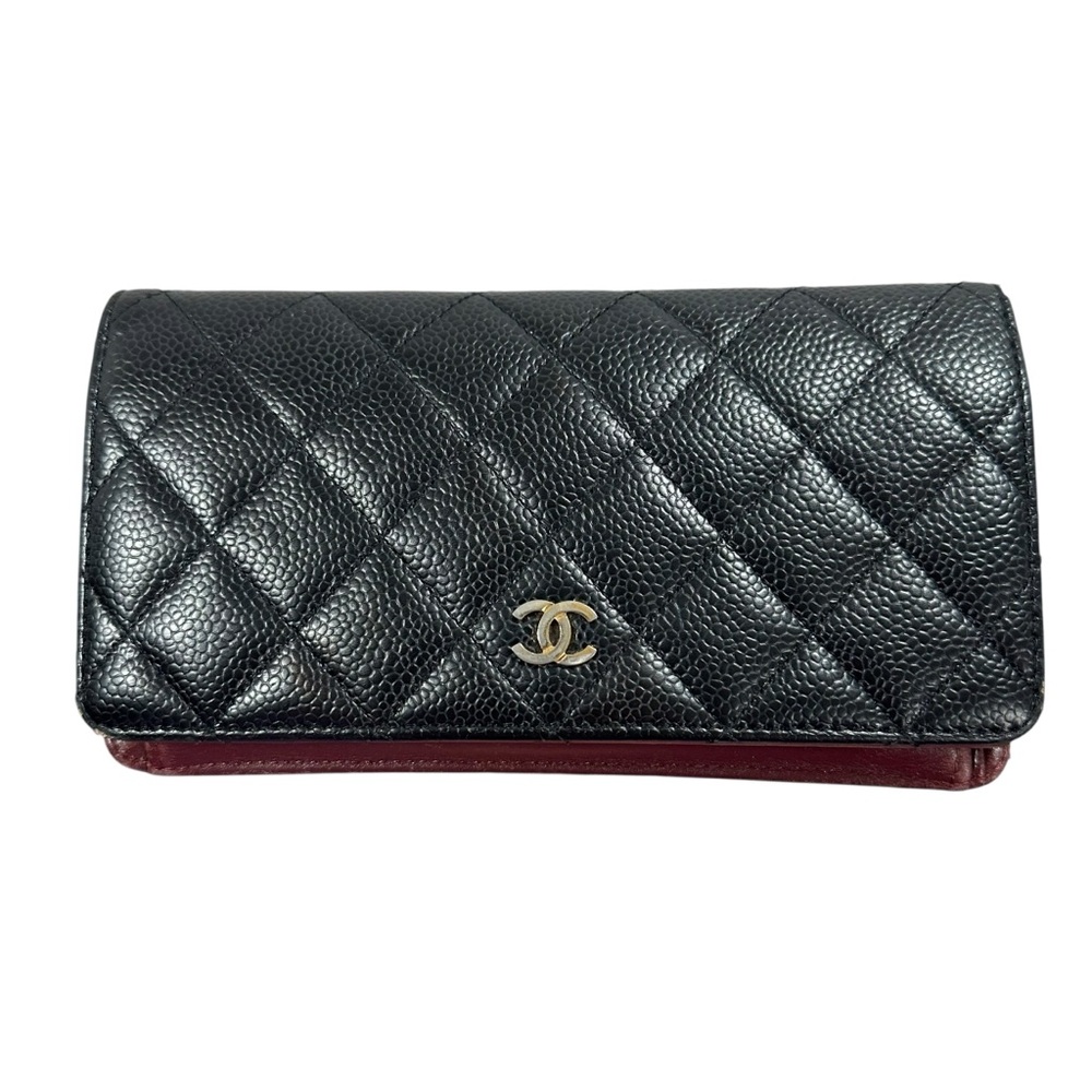 CHANEL Black Quilted Caviar Leather Trifold Wallet with Burgundy Trim - Picture 2 of 15